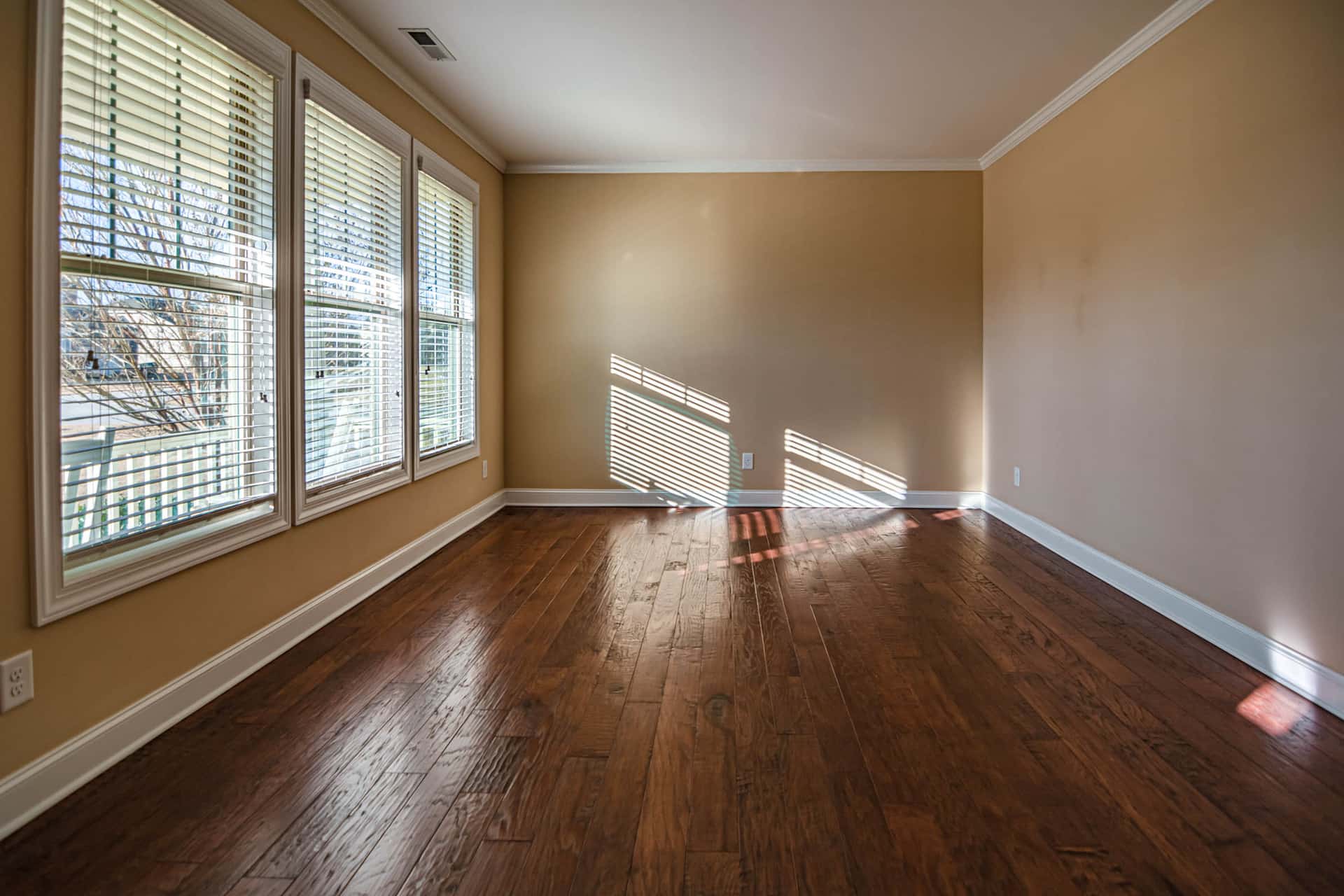 A cold empty hallway in winter light with a closed front door and an attic hatch visible above